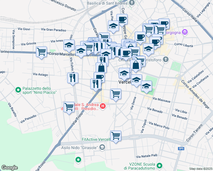 map of restaurants, bars, coffee shops, grocery stores, and more near 26 Via Ludovico Ariosto in Vercelli