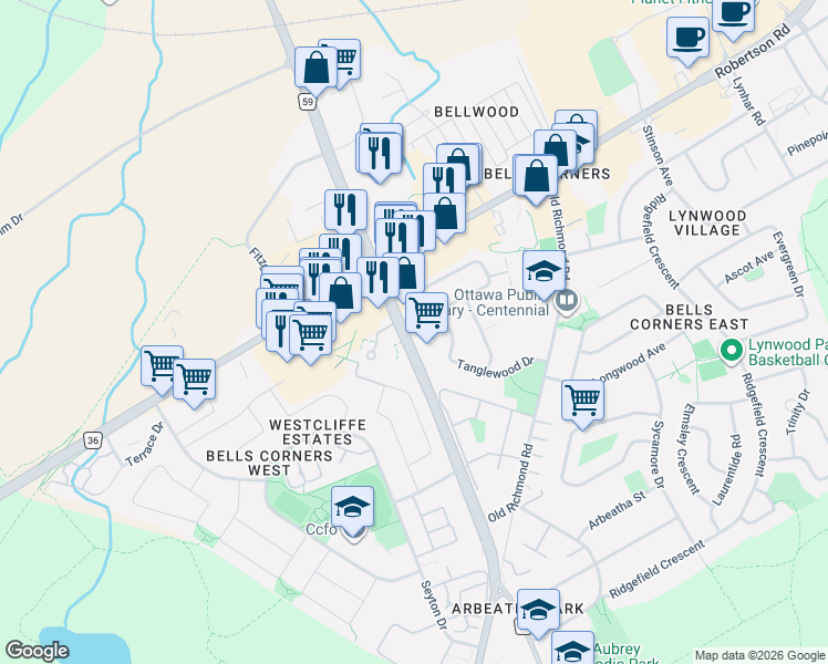 map of restaurants, bars, coffee shops, grocery stores, and more near 427 Moodie Drive in Ottawa