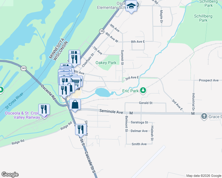 map of restaurants, bars, coffee shops, grocery stores, and more near 514 3rd Avenue in Osceola