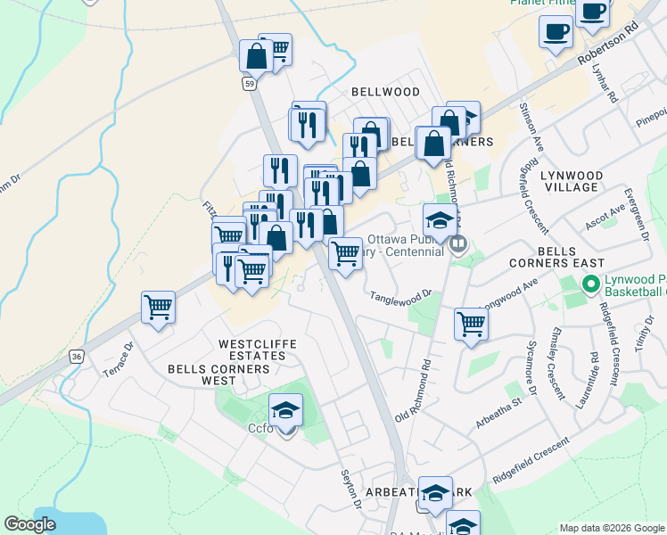map of restaurants, bars, coffee shops, grocery stores, and more near 425 Moodie Drive in Ottawa