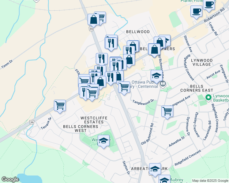 map of restaurants, bars, coffee shops, grocery stores, and more near 5 Hadley Circle in Ottawa