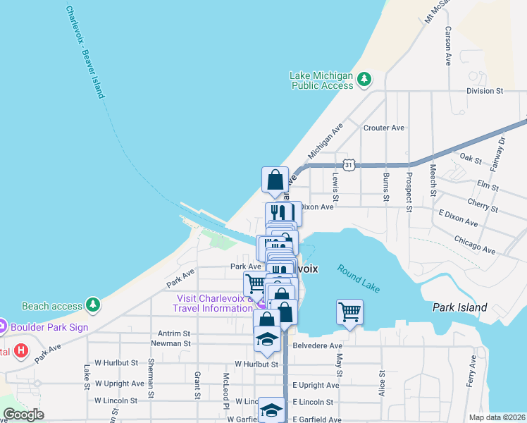 map of restaurants, bars, coffee shops, grocery stores, and more near 101-199 West Dixon Avenue in Charlevoix