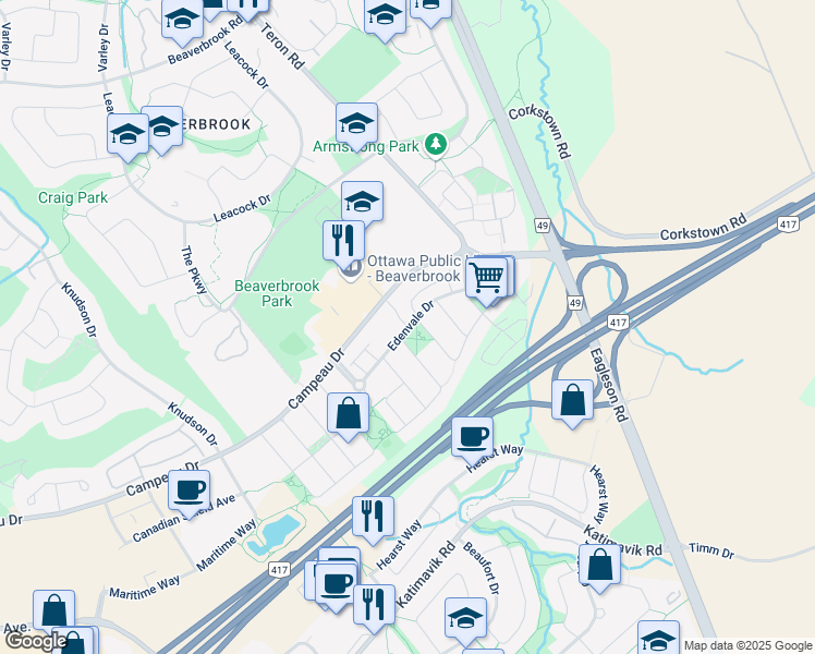 map of restaurants, bars, coffee shops, grocery stores, and more near Edenvale Drive in Ottawa