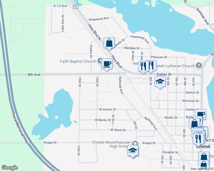 map of restaurants, bars, coffee shops, grocery stores, and more near 1145 West Leonard Street in Chetek