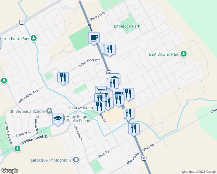 map of restaurants, bars, coffee shops, grocery stores, and more near 4789 Bank Street in Ottawa