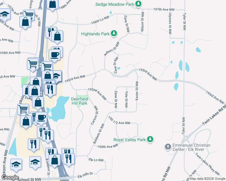 map of restaurants, bars, coffee shops, grocery stores, and more near 19266 Zane Street in Elk River