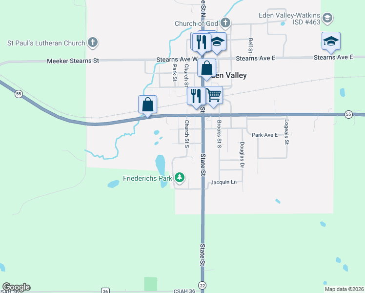 map of restaurants, bars, coffee shops, grocery stores, and more near 378 Church Street South in Eden Valley