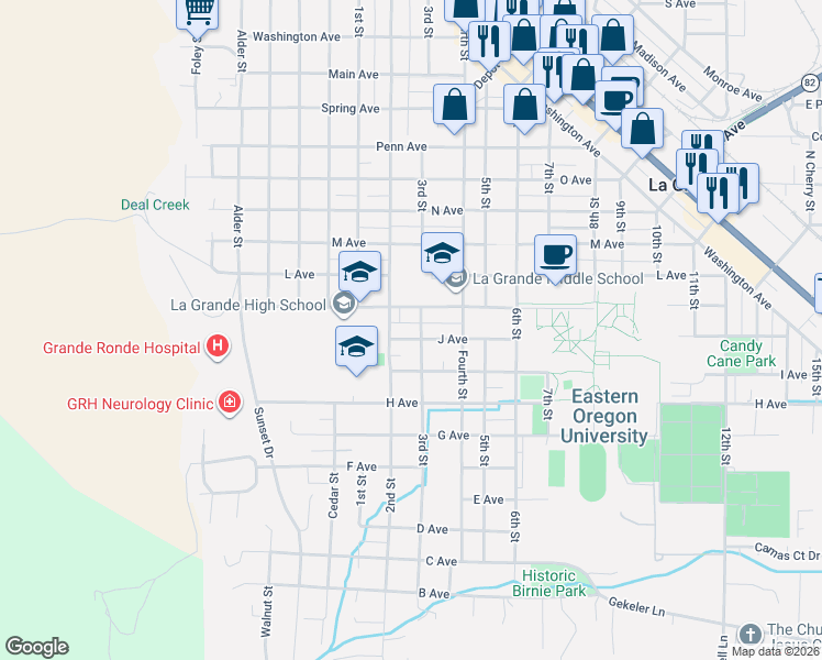map of restaurants, bars, coffee shops, grocery stores, and more near 902 K Avenue in La Grande
