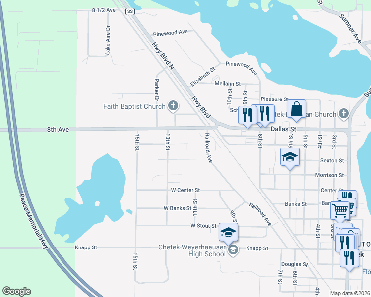 map of restaurants, bars, coffee shops, grocery stores, and more near 1145 West Leonard Street in Chetek