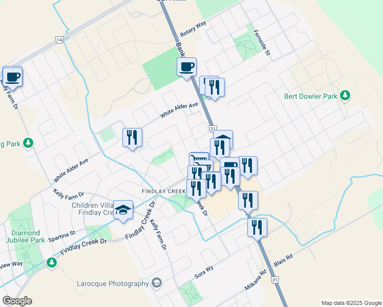 map of restaurants, bars, coffee shops, grocery stores, and more near 531 Devonwood Circle in Ottawa