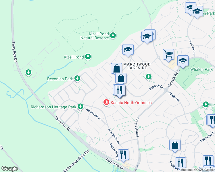 map of restaurants, bars, coffee shops, grocery stores, and more near 334 Laughlin Circle in Ottawa