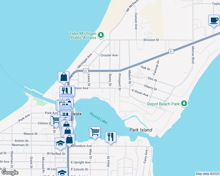 map of restaurants, bars, coffee shops, grocery stores, and more near 200 Burns Street in Charlevoix