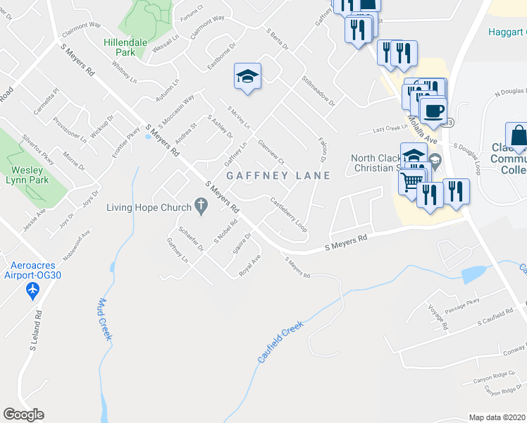 map of restaurants, bars, coffee shops, grocery stores, and more near 19783 Castleberry Loop in Oregon City