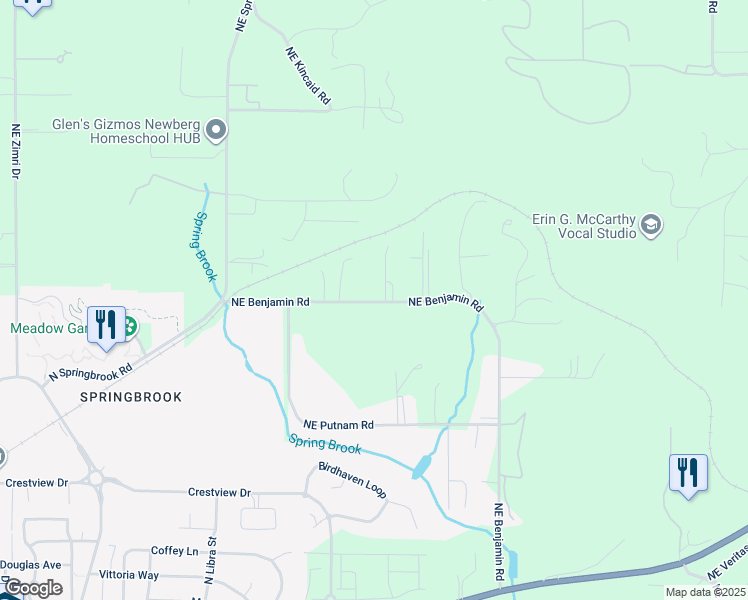 map of restaurants, bars, coffee shops, grocery stores, and more near 29599 Northeast Benjamin Road in Newberg