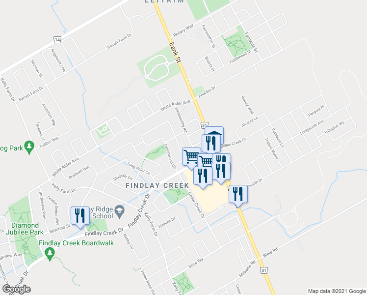 map of restaurants, bars, coffee shops, grocery stores, and more near 531 Devonwood Circle in Ottawa