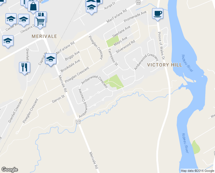 map of restaurants, bars, coffee shops, grocery stores, and more near 61 Amberwood Crescent in Ottawa