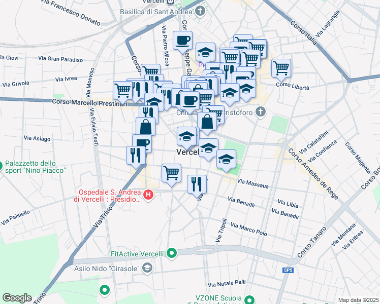 map of restaurants, bars, coffee shops, grocery stores, and more near 7-31 Via San Martino in Vercelli