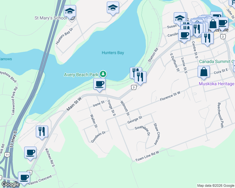 map of restaurants, bars, coffee shops, grocery stores, and more near 110 Main Street West in Huntsville