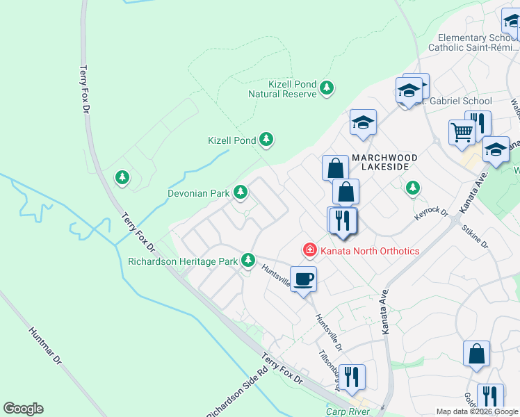 map of restaurants, bars, coffee shops, grocery stores, and more near 512 Breccia Heights in Ottawa