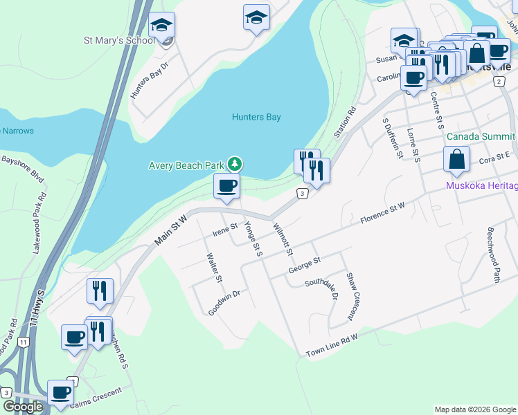 map of restaurants, bars, coffee shops, grocery stores, and more near 112 Main Street West in Huntsville