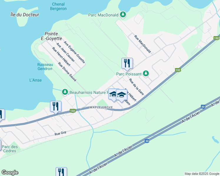 map of restaurants, bars, coffee shops, grocery stores, and more near 131 Rue Francois-Branchaud in Beauharnois