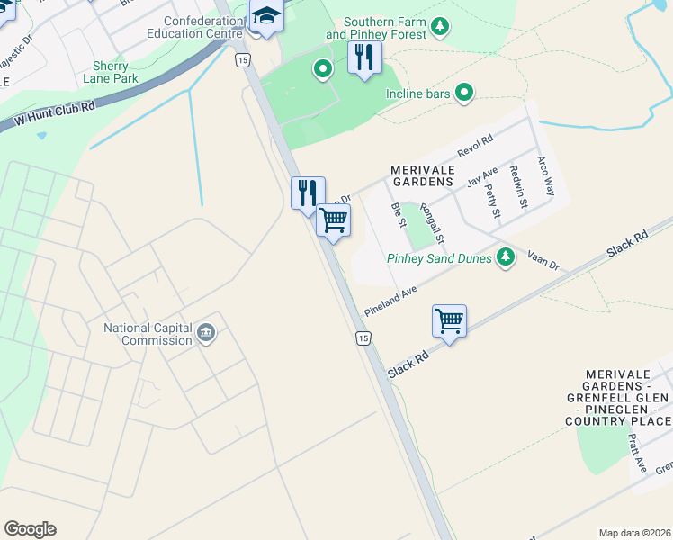 map of restaurants, bars, coffee shops, grocery stores, and more near Woodroffe Avenue in Ottawa