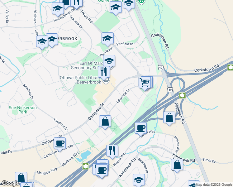map of restaurants, bars, coffee shops, grocery stores, and more near 70 Edenvale Drive in Ottawa