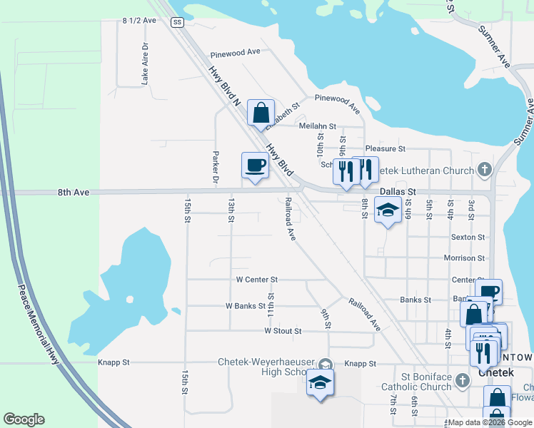 map of restaurants, bars, coffee shops, grocery stores, and more near 1145 West Leonard Street in Chetek