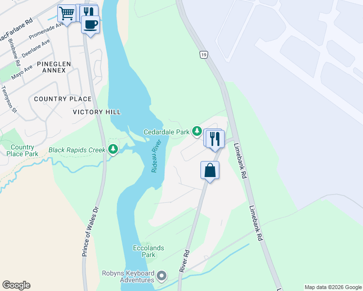 map of restaurants, bars, coffee shops, grocery stores, and more near 11 Mary Drive in Ottawa