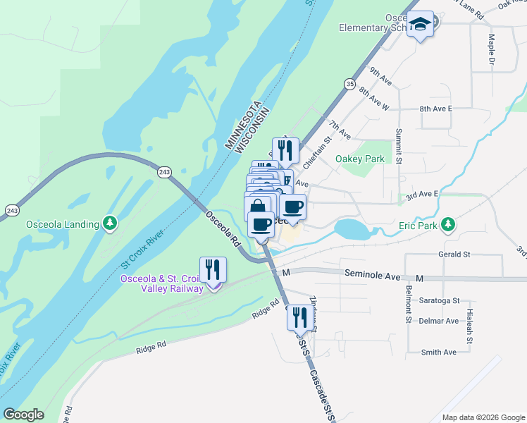 map of restaurants, bars, coffee shops, grocery stores, and more near 209 North Cascade Street in Osceola