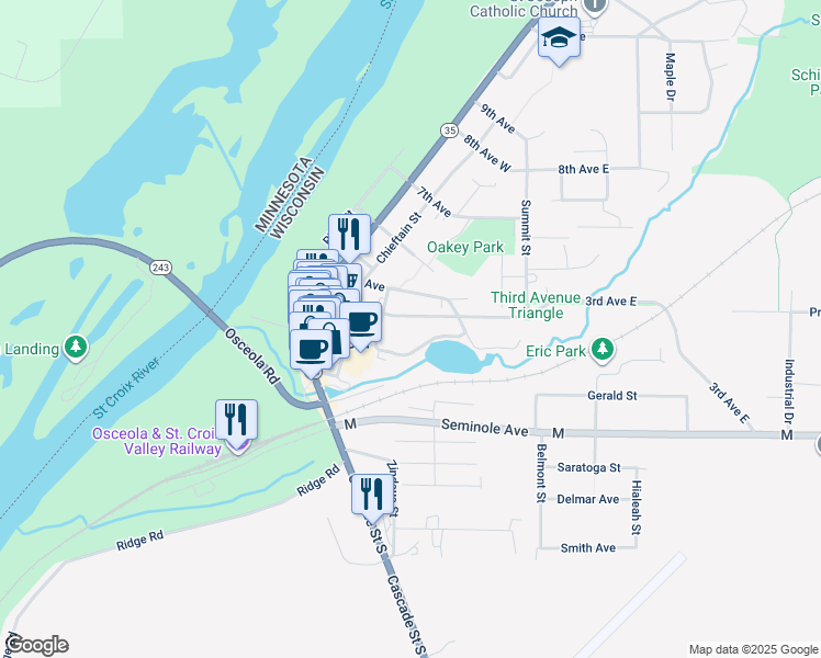 map of restaurants, bars, coffee shops, grocery stores, and more near 410 3rd Avenue in Osceola