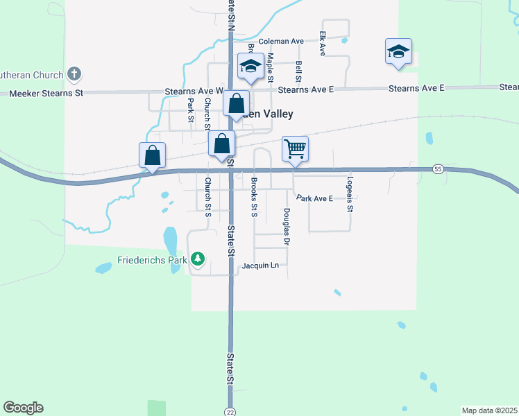 map of restaurants, bars, coffee shops, grocery stores, and more near 381 Brooks Street South in Eden Valley