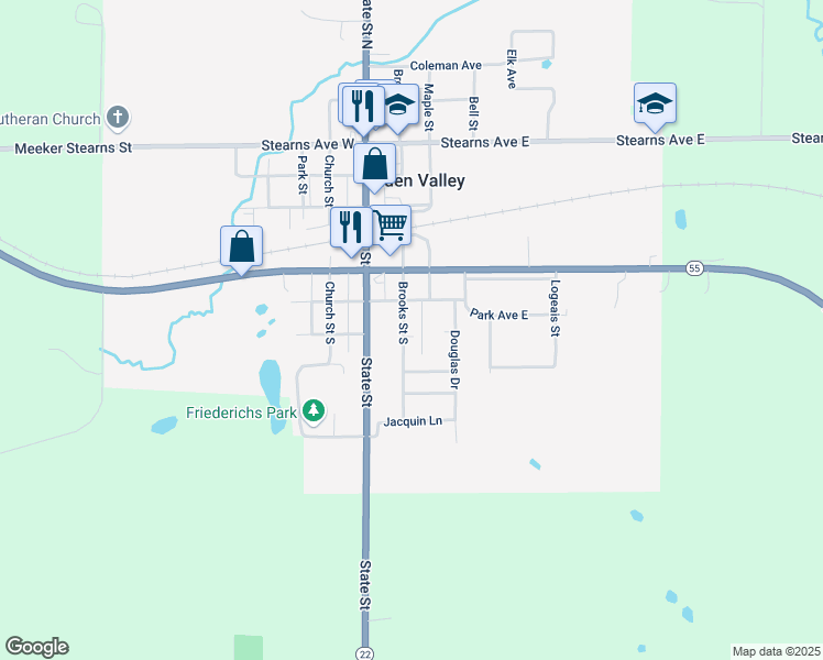 map of restaurants, bars, coffee shops, grocery stores, and more near 381 Brooks Street South in Eden Valley