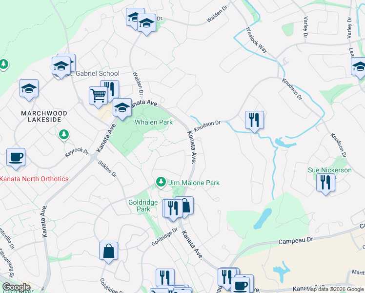 map of restaurants, bars, coffee shops, grocery stores, and more near 90 Blackdome Crescent in Ottawa