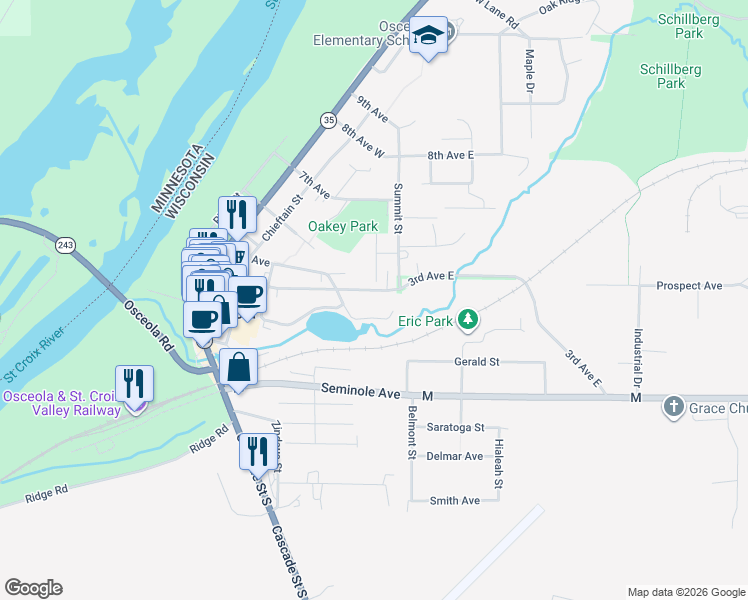 map of restaurants, bars, coffee shops, grocery stores, and more near 514 3rd Avenue in Osceola