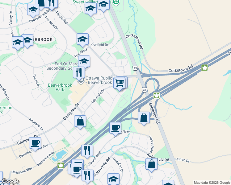 map of restaurants, bars, coffee shops, grocery stores, and more near 44 Colchester Square in Ottawa
