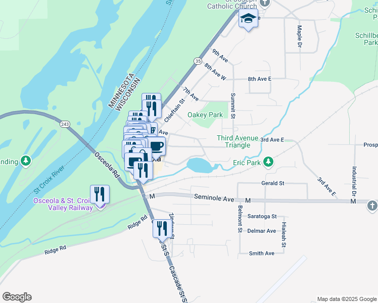 map of restaurants, bars, coffee shops, grocery stores, and more near 410 3rd Avenue in Osceola