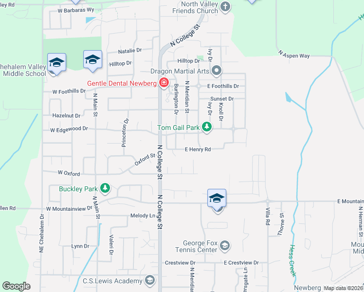 map of restaurants, bars, coffee shops, grocery stores, and more near 821 East Henry Road in Newberg