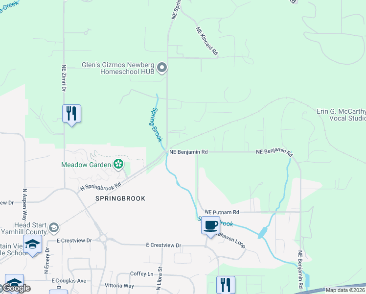 map of restaurants, bars, coffee shops, grocery stores, and more near 29105 Northeast Benjamin Road in Newberg