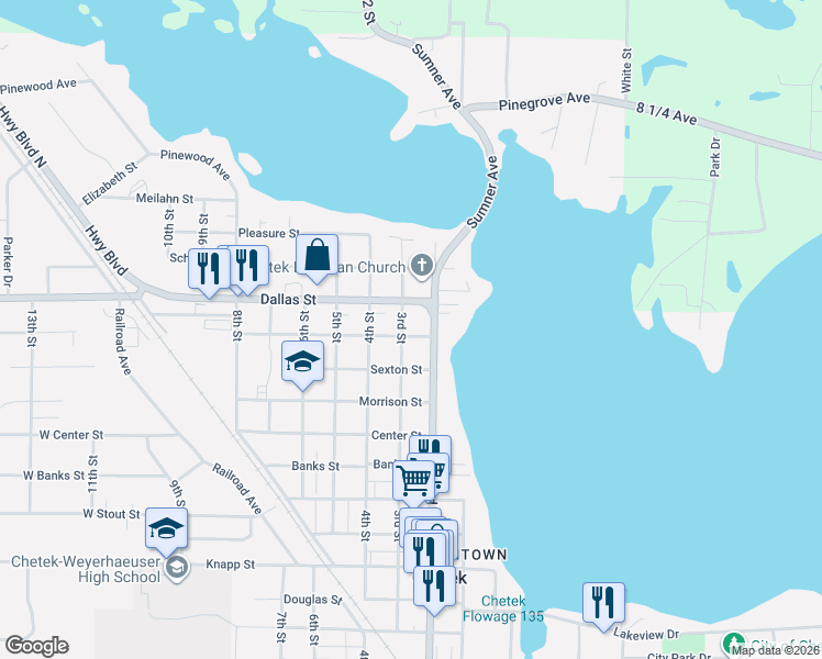map of restaurants, bars, coffee shops, grocery stores, and more near 1305 2nd Street in Chetek