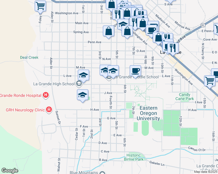 map of restaurants, bars, coffee shops, grocery stores, and more near 1012 Fourth Street in La Grande