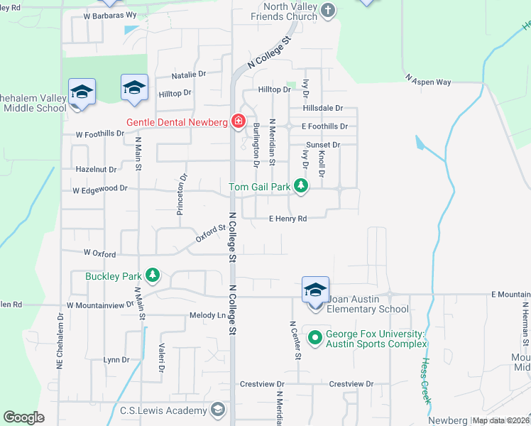 map of restaurants, bars, coffee shops, grocery stores, and more near 821 East Henry Road in Newberg