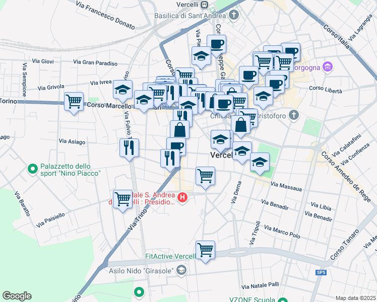 map of restaurants, bars, coffee shops, grocery stores, and more near 26 Via Ludovico Ariosto in Vercelli