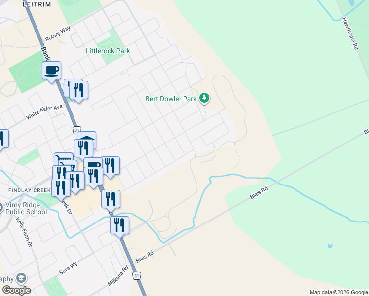 map of restaurants, bars, coffee shops, grocery stores, and more near 708 Wooler Place in Ottawa
