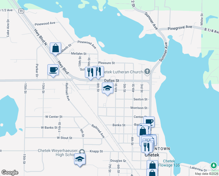 map of restaurants, bars, coffee shops, grocery stores, and more near 626 Leonard Street in Chetek