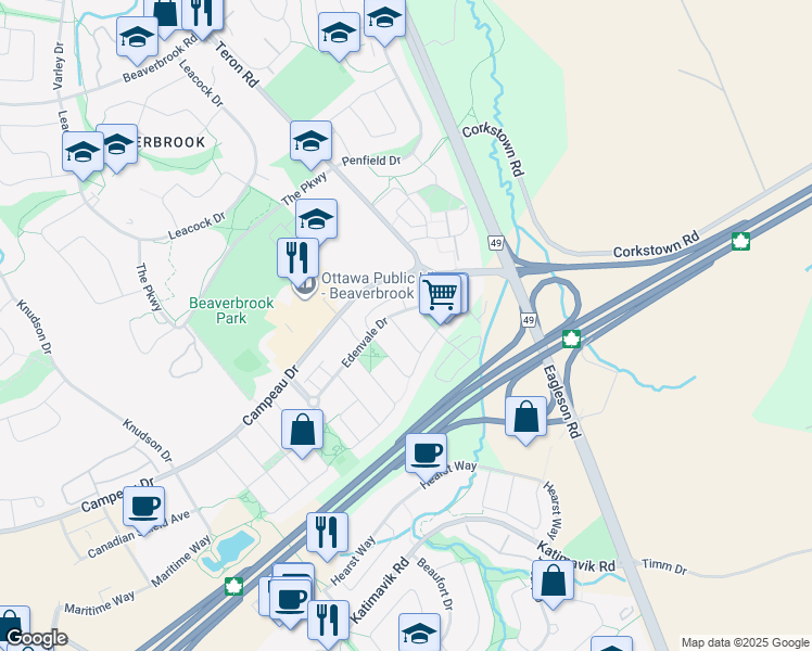map of restaurants, bars, coffee shops, grocery stores, and more near 9 Teeswater Street in Ottawa