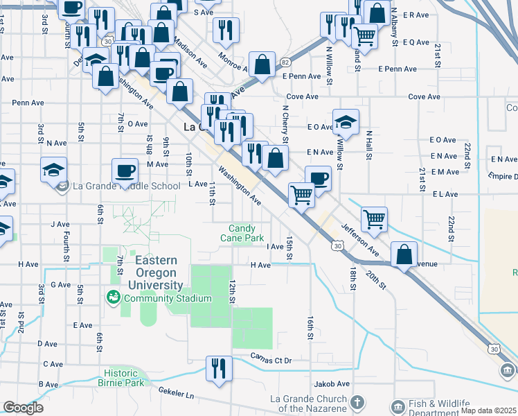 map of restaurants, bars, coffee shops, grocery stores, and more near 2006 Washington Avenue in La Grande