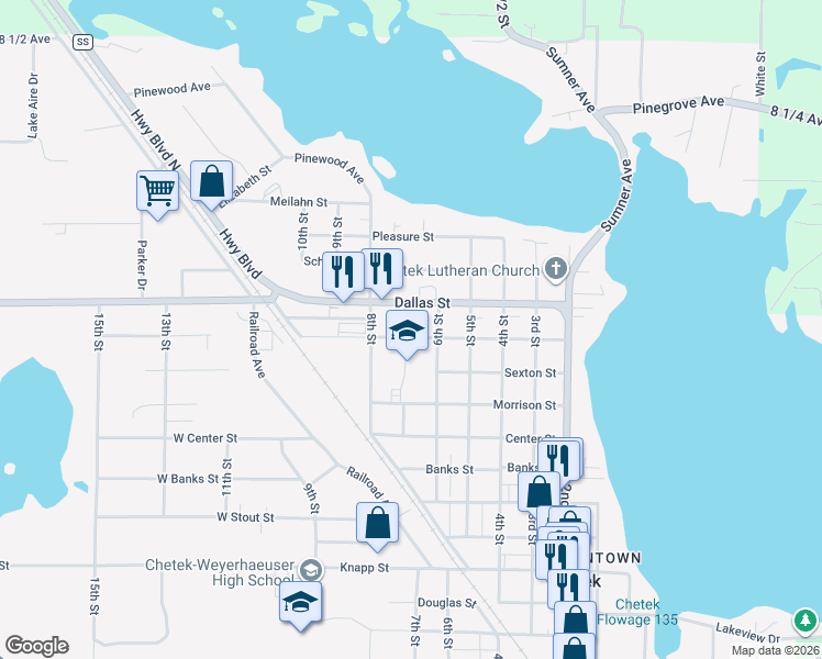 map of restaurants, bars, coffee shops, grocery stores, and more near 626 Leonard Street in Chetek