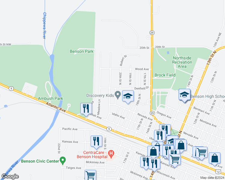 map of restaurants, bars, coffee shops, grocery stores, and more near 314 Sanford Road in Benson