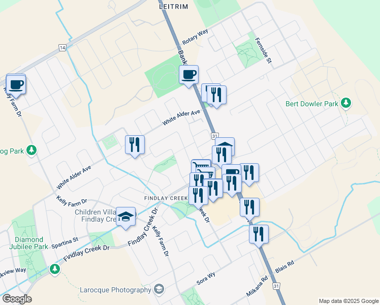 map of restaurants, bars, coffee shops, grocery stores, and more near 531 Devonwood Circle in Ottawa